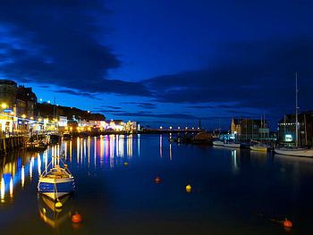 Lights of the city, night, blue, sea, city, coast, beach, reflection, lights, water, evening HD wallpaper