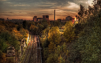 railway, landscape, trees, sky, houses HD wallpaper