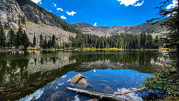 Nambe Lake, Pecos Wilderness, New Mexico, water, mountains, trees, clouds, sky, usa, reflections HD wallpaper