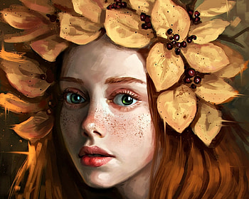 Autumn girl, art, ayyasap, berry, girl, orange, fantasy, portrait, signed, face, freckles, autumn, leaf, redhead HD wallpaper