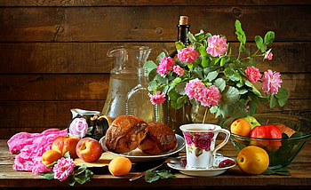 Still life, lemonade, donuts, table, tea, roses, vase, colors, fruits, cup, pink, freshness, flowers, tea cup, saucer, porcelain HD wallpaper