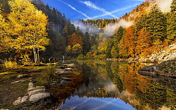 Mountain forest and lake in autumn, hills, colors, beautiful, ponbd, serenity, tranquil, mountain, lake, reflection, trees, forest HD wallpaper