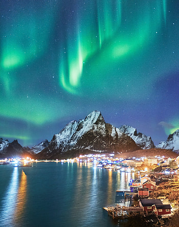 Northern Lights, mountain, coastal city HD phone wallpaper