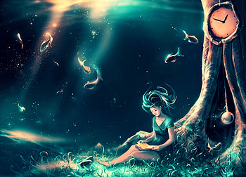 Do not disturb, art, aquasixio, girl, orange, tree, summer, pink, book, fantasy, green, underwater, clock, fish, luminos, vara HD wallpaper