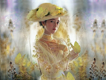 Lemon Yellow, girl, flowers, dress, hat, white, soft, butterflies, delicate, green, yellow, dreamy, lovely HD wallpaper