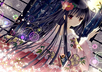 Night flowers, pink, anime, moon, colors, cute, beautiful, flowers, woman HD wallpaper