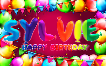 Happy Birtay Sylvie, , colorful balloon frame, Sylvie name, purple background, Sylvie Happy Birtay, Sylvie Birtay, popular american female names, Birtay concept, Sylvie HD wallpaper