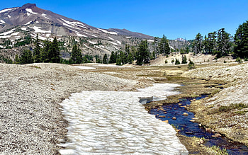 Last snow at the creek, trees, sky, water, mountains, sand HD wallpaper