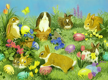 BUNNIES AND EGGS, grass, easter, eggs, celebration HD wallpaper
