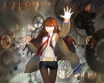 Makise Kurisu, cute, long hair, Steins Gate, gears, abstract, messages, sinister, female, sexy, text, jacket, hot, girl, gear, anime girl, word, anime, serious, brown hair HD wallpaper