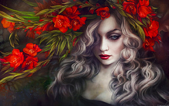 Saccharine, roses, art, red flowers, girl, beautiful, serene, beauty, woman, digital, fantasy, pretty HD wallpaper