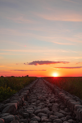 Nature, Sunset, Grass, Stones, Road, Dahl, Distance HD phone wallpaper