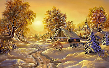Snow, Winter, Artistic, Painting, House, Tree HD wallpaper