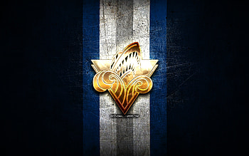 Rimouski Oceanic, golden logo, QMJHL, blue metal background, canadian hockey team, Rimouski Oceanic logo, hockey HD wallpaper