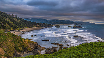 Greenery Mountains Trees Stones Rocks Ocean Waves Beach Sand Under White Clouds Blue Sky Nature HD wallpaper