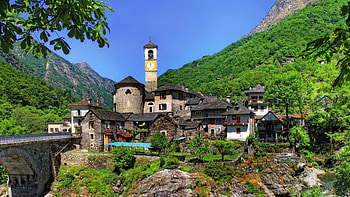 gorgeous town of lavertezzo switzerland, river, town, bridge, church, mountains HD wallpaper
