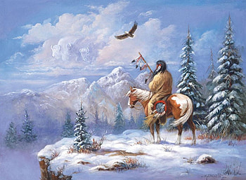 American Winter, horse, eagle, firs, native, artwork, painting, snow, clouds, mountains HD wallpaper