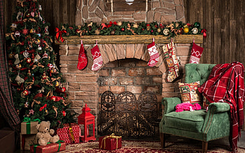 Christmas fireplace interior, Christmas tree, Festive decorations, High-quality HD wallpaper
