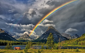 Rainbow in the Mountain, rainbow, clouds, sky, nature, grass, mountain HD wallpaper