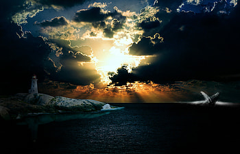Nature, Sea, Night, Shore, Bank, Lighthouse, Overcast, Mainly Cloudy, Sunlight HD wallpaper