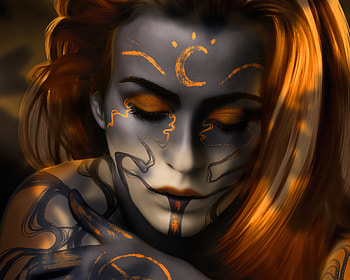 Fallen angel, face, fallen, angel, orange, fiendcute, art, hand, brown, fantasy, moon, portrait, luna HD wallpaper