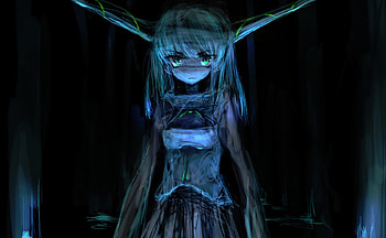 With horns, horns, anime, blue hair, girl, long hair, green eyes HD wallpaper