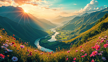 Serene Valley: Stunning Ultra, valley, landscape, sunset, mountain, river HD wallpaper