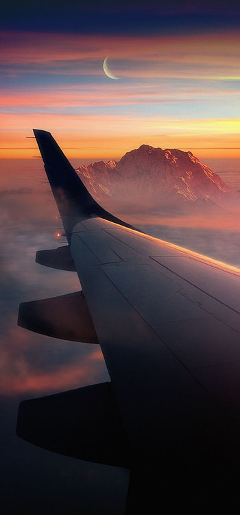 Airplane, cloud, plane, sky, moon, mountain, nature, peace, fogg HD phone wallpaper