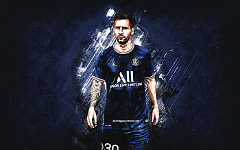 Lionel Messi, PSG, Argentine footballer, Paris Saint-Germain, Messi PSG, blue stone background, Messi art, Ligue 1, France HD wallpaper