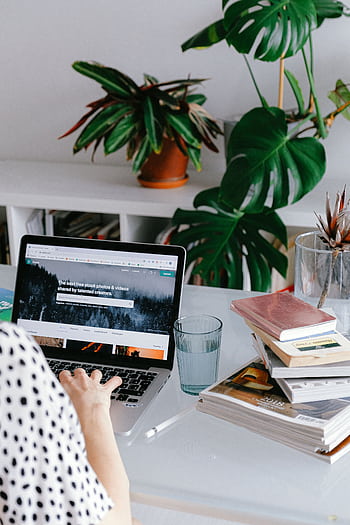 A woman working from home on her laptop surrounded by plants and books for a cozy office feel. HD phone wallpaper