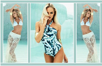 Candice Swanepoel, blue, golden, white, model, blonde, bracelet, girl, beauty, woman, cehenot, collage, summer, swimsuit, water HD wallpaper