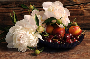 Flowers, Sweet Cherry, Food, Peonies, Nectarine HD wallpaper
