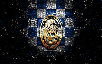 Hapoel Nir Ramat HaSharon FC, glitter logo, Leumit League, blue white checkered background, soccer, Israeli football club, Hapoel Nir Ramat HaSharon logo, mosaic art, football, Hapoel Nir Ramat HaSharon HD wallpaper