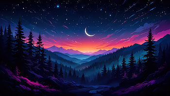 Night Sky Mountains Sunset, artist, artwork, art, digital-art, sky, stars, trees, mountains, nature HD wallpaper