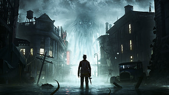 The Sinking City - Charles W. Reed facing Cthylla, monster, horror, flood, cityscape, video game, The Sinking City HD wallpaper