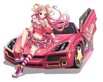 lucia-pangya, sexy, white, car, hot, girl, anime girl, pink, anime, female HD wallpaper