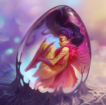 Fairy, egg, blue, art, mini, girl, pink, fantasy, nelly amosova, luminos HD wallpaper