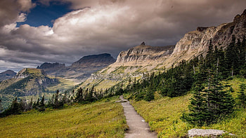 View from the Highline Trail. Glacier National Park, landscape, clouds, trees, sky, montana, usa HD wallpaper