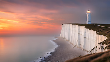 lighthouse over white cliffs, lighthouse, cliff, sunset, landscape HD wallpaper
