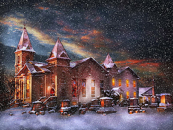 Silent winter night, night, winter, loghts, silent, howses, snowflakes, snow, snowing, clouds, nature, sky HD wallpaper