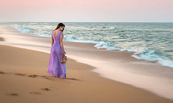 purple dream, sea, purple, women, beach HD wallpaper