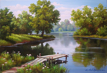 Elena Samarskaya . : Cool place. 2010 year., river, elena samarskaya, painting, art, nature, tree HD wallpaper
