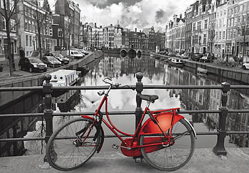 Locked, bicycle, canal, amsterdam, red, r, , water HD wallpaper