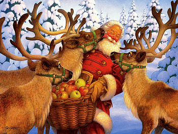 Santa's treat, deers, santa, winter, art, treat, apples, holiday, presents, reindeers, snow, christmas, forest, friends HD wallpaper