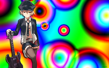 Rainbow, colorful, musician, guitar, cute, music instrument, beauty, nice, abstract, short hair, blonde hair, necktie, hat, female, sexy, sweet, neon light, color, hot, girl, beautiful, brown eye, multicolor, tie, anime girl, neon, anime, pretty HD wallpaper