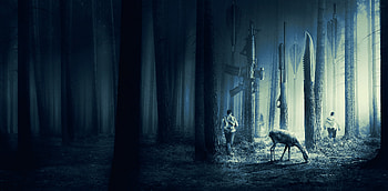 The Hunt, forest, artist, artwork, digital-art, deer, guns HD wallpaper