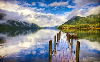 muntain lake, jetty, clouds, beautyful, lake, mountain HD wallpaper