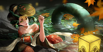Green snake, garts, frumusete, art, girl, summer, g arts, hand fan, fantasy, yellow, lantern, luminos, water, creature, vara HD wallpaper