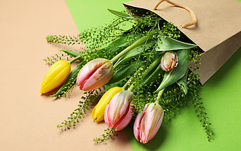 tulip bouquet, pink tulips, yellow tulips, background with tulips, spring flowers, tulips HD wallpaper