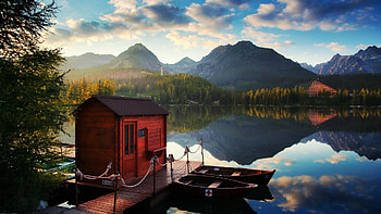 Sunset in the Tatras, Slovakia, hut, trees, clouds, landscape, sky, water, lake, reflections HD wallpaper